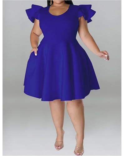 Image of IyMoo Women's Plus Size Cape Flutter Sleeve Stretchy A Line Swing Flared Skater Cocktail Party Dress with Pockets