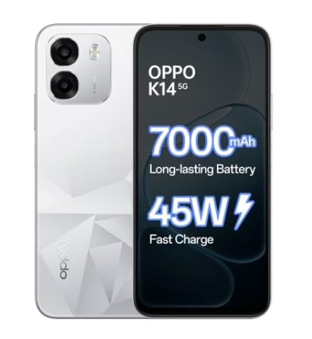 OPPO K14 5G Smartphone, Prism White, 6GB RAM, 128GB Storage, 7000 mAh Battery, 45W Fast Charge