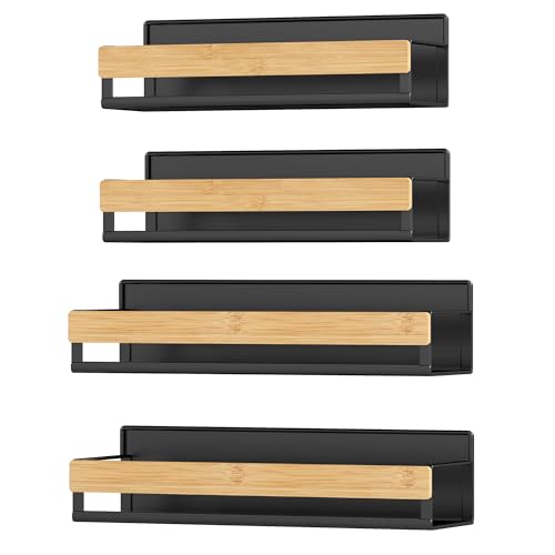 SONGMICS Magnetic Spice Racks Set of 4 2 Large and 2 Small Shelves Spice Organisers No Drilling Needed Kitchen Shelf for Refrigerator Microwave Washing Machine Bamboo Ink Black KCS062BH01