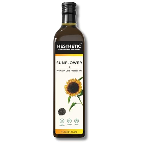 Image of HESTHETIC Premium Edible Cold Pressed Sunflower Oil, 1L, Rich in Healthy Fats, Ideal for Cooking, Frying and Salad Dressings, 100% Pure and Natural, Food Grade Virgin Oil, Glass Bottle