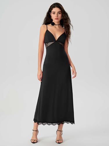 CIDER Women's Summer Semi Formal Dresses Satin Lace V Neck Spaghetti Strap Slip Midi Dress Sexy Dresses Nightgown Party2