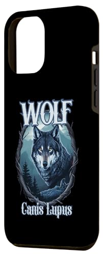 Hülle für iPhone 15 Pro Max Wolf Canis Lupus mit Holzrahmen und Bergblick Design