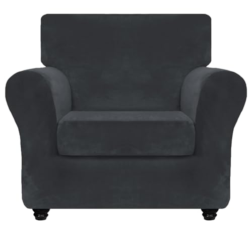 ZNSAYOTX Luxury Velvet Chair Slipcovers with Arm 2 Piece Stretch Chair Covers for Living Room Thick Soft Armchair Slipcover Anti Slip Pet Friendly Furniture Protector (Black),30"-47"(1 Cushion)