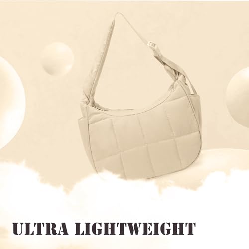 Image of Small Puffer Crescent Underarm Shoulder Bag for Women, Nylon Quilted Purses Handbags with Adjustable Strap, Khaki