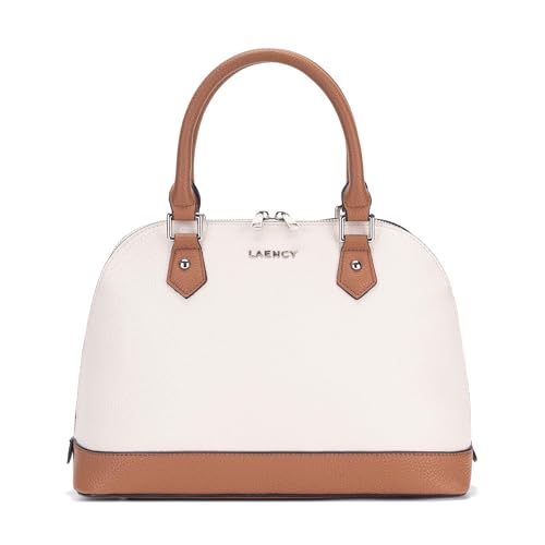 LAENCYC Women's Handbag Elegant Shell Bag with Double Zipper and Bottom Rivets, Beige and Brown Color Block Design for Work and Casual Use