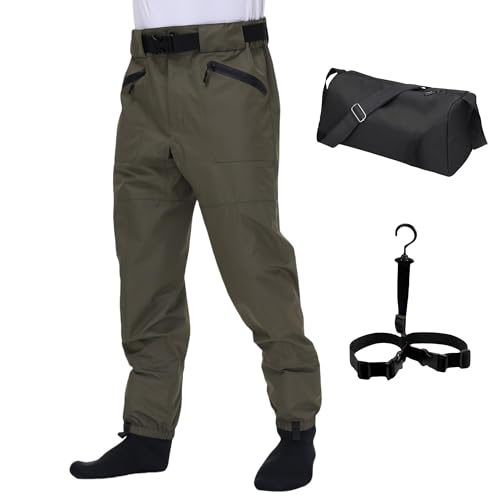 VZKAK Fishing Waders for Men and Women,Wading Pants with Neoprene Stocking Foot,Fishing Waist Waders Pants with Pockets for Fly Fishing Boating Hunting Kayaking (Olive Green, Large)