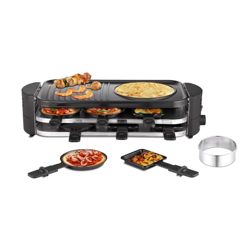 8 Person Raclette Grill and Mini Pizza Maker Oven – Non-Stick with 8 Pans and Pizza Cutter 1600W