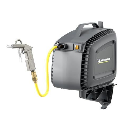 MICHELIN - CA-MBL-GO2 - Compresor Aire Monoblock 1.5HP - Con Enrollador Automático de Manguera 10m - Pistola Sopladora Incluida - 160 l/min 8 BAR - Sin Aceite - Soporte de Pared Plug & Play