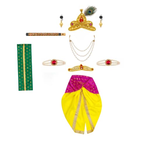 Image of Krishna Dress for Baby Boy Kids(Dhoti,Patka,Mukut,Morpankh,Bansuri,Kamarband,Bajuband,Kundal) Little Krishna Ji Kanha Janmasthmi Costume