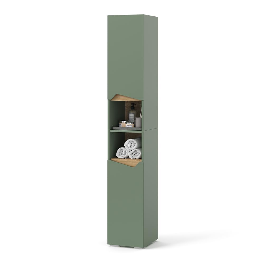 Vicco Armoire de Salle de Bain Marelle, Vert/Artisan, 30x180cm avec Portes et Compartiments Ouverts, pour Le Rangement des Accessoires de Salle de Bain et des Serviettes