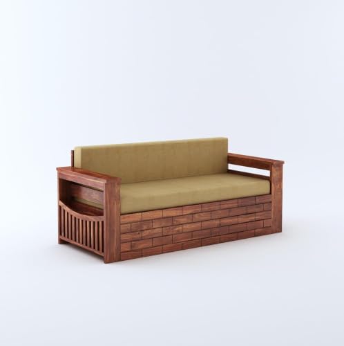Image of MAMTA DECORATION Wooden Sofa Cum Bed for Living Room | Solid Sheesham Wood Convertible 3 Seater Diwan Sofa Bed with Pull-Out Storage Armrest | Folding Double Bed for Home & Guest Room | Honey Finish