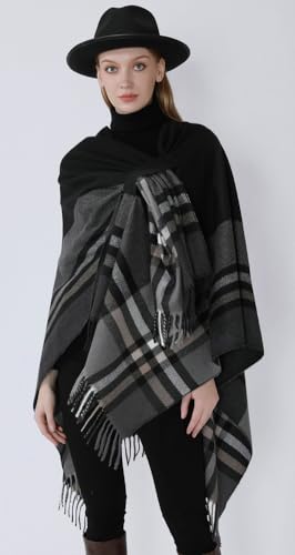 Knitted Pashmina Shawl Wrap for Women Cross Open Front Blanket Winter Warm Poncho Capes Cardigan Gradient Checkered Coat2