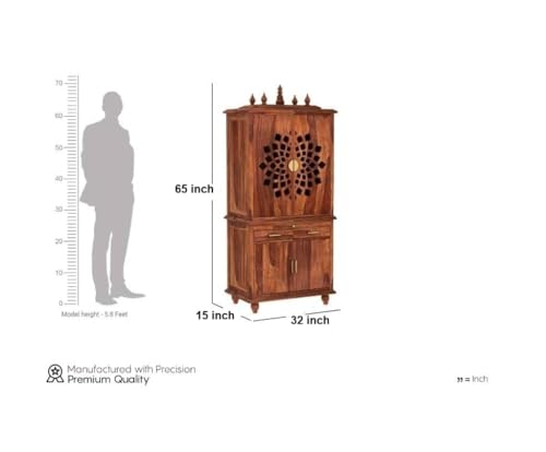 Image of Solid Sheesham Wood Temple for Home & Office /Mandir /God Stand /Pooja Stand /Home Mandap /Mandapam with Cabinet 4 Doors & Multiple Storage /Shelf with 2 Drawers (Honey1, 32x15x65 inch)