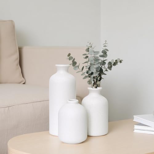 Veklray White Small Boho Ceramic Vase Set of 3, Modern Home Decor Vases for Flowers,Farmhouse,Shelf,Bathroom,Centerpiece for Entryway Table Decoration Gifts (7.8" H,5.08" H,4.17" H)