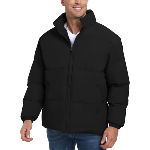 IBIH Mens Windproof Padded Jacket Outerwear Puffer Coat Down Jacket Full Zipper Stand Collar,Black,Large
