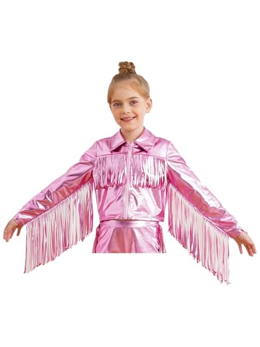 Aislor Kids Girls Tassel Sequin Long Sleeve Bomber Jacket Hip Hop Jazz Dance Coat Party Performance Outerwear Dancewear