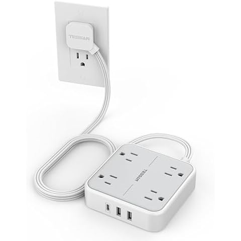 Flat Plug Surge Protector Power Strip, TESSAN 5 ft Ultra Thin Extension Cord with 3 USB Wall Charger(1 USB C Port), 4 Outlets Slim Desk Charging Station for Travel, Office, Dorm Room Essentials Cover