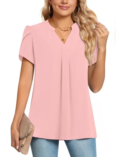 POPYOUNG Womens Summer Casual Chiffon Petal Sleeves Office Blouses V Neck Business Tops Work Shirts L,Pink