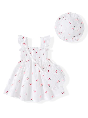 Image of Vibebox Baby Girl Dresses 12-18 Months Ruffle Sleeveless Button Clothes 1 Year Old Birthday Gifts Toddler Girls White Cherries Summer Beach Garden Party Wedding Casual Dress with Cute Hat and Bag