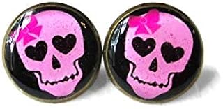 Brincos de crânio com laço rosa e preto, joia de crânio de açúcar gótico pastel grunge Nu Goth Creepy Cute Day of The Dead Halloween Jewelry