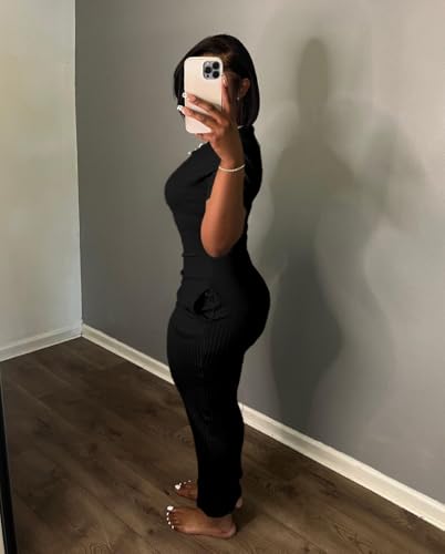 Image of Women's Casual Short Sleeve Dress T Shirt Bodycon Dresses Ribbed V Neck Maxi Sundress Basic Party Club Dress with Pocket
