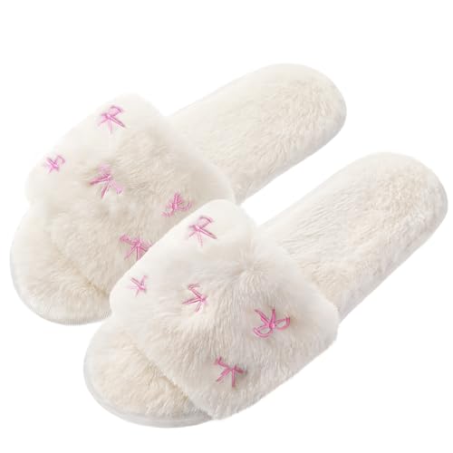Cute Pink Bow Embroidered Slippers for Women, Coquette Fuzzy House Slippers with Anti-skid Sole, Warm Indoor Shoes for Women Ideal Gifts for Mom Wife Friends