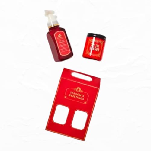 Bath and Body Tis The Season Single Wick Candle & Foaming Hand Soap Set Arranged Inside a Festive Holiday Season's Greetings Gift Box