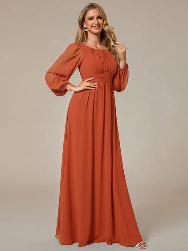 Image of Ever-Pretty Women's Crewneck Long Lantern Sleeves Floor Length A-Line Pleated Chiffon Formal Dress 0106B