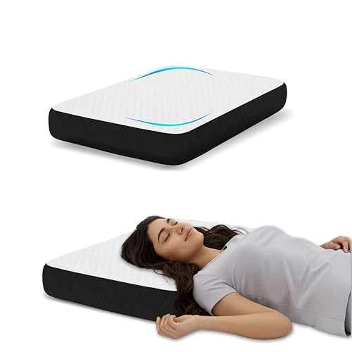 Image of Ergonomic Orthopedic Pillow, Shredded Memory Foam for Neck Relief, 60x38x10 cm High Density, White /Black Geometric Jacquard Case, Aligned Spine Bedding for Side and Back Sleeper