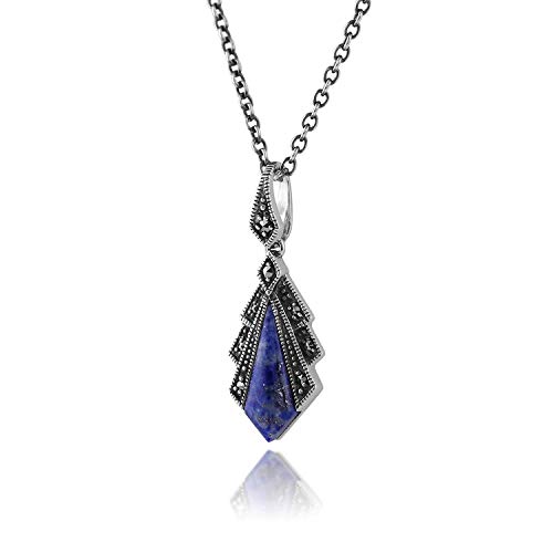 925 Sterling Silver Cabochon Square Cut Lapis Lazuli, Black Onyx and Marcasite Art Deco Kite Shaped Pendant with 45cm Necklace2