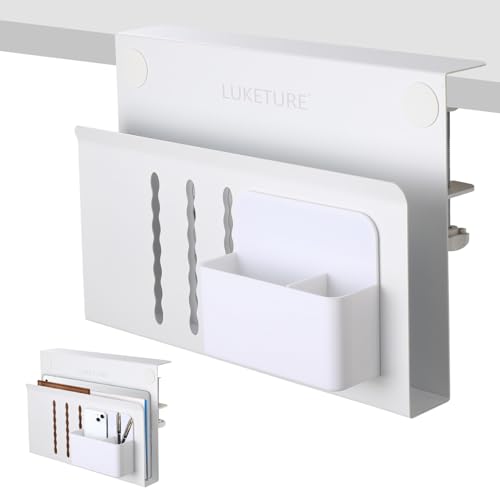 LUKETURE Desk Side Storage, Steel Side Desk Organizer, No Drill Laptop Holder, Clamp on Laptop Mount with Pen Holder, Table Hanging Storage for Home Office, Fits Flat Edge Tables 0.3' to 2.8'