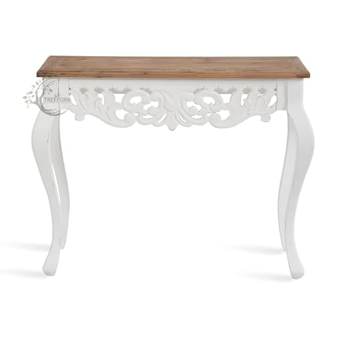Image of Wooden Carved Console Table in Solid Mango Wood with Antique White Distress Finish for Livingroom, Hall, Enterway, Office Size 30 * 36 * 15 Inch (Distress)