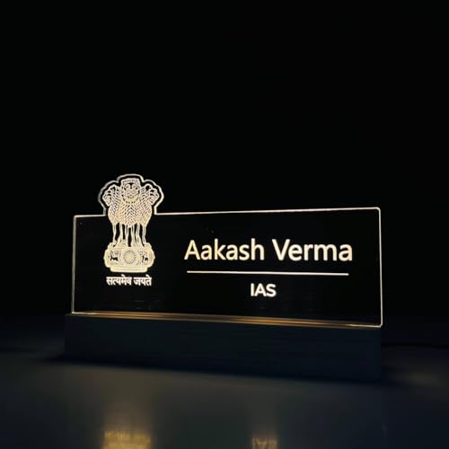 Image of WOWOOD Personalized LED Desk Name Plate for IAS Officer Custom Acrylic Name Sign with Satyamev Jayate Emblem Office Table Decor Light, Civil Services Gift for Men Women (10 x 6 inch) (For IAS Officer)