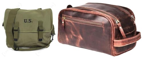 U.S. WW2 M1936 Musette Bag w/Shoulder Strap,WWII Shoulder Messenger Bag w/th WW2 Style Leather Toiletry Bag Travel Vintage Dopp Kit