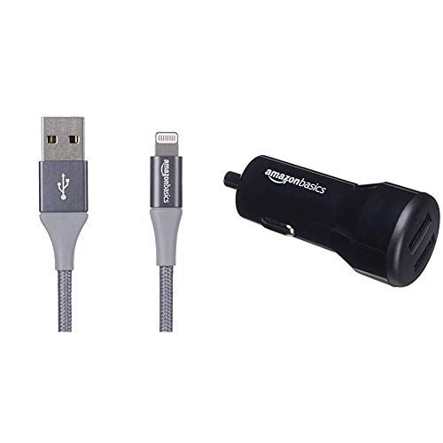 AmazonBasics Double Braided Nylon Lightning to USB A Cable, Advanced Collection - MFi Certified iPhone Charger - Dark Grey, 3-Foot & Dual-Port USB Car Charger - 4.8 Amp/24W, Black