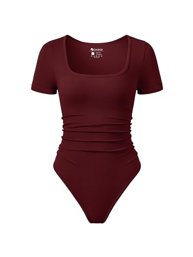 Image of OQQ Women Bodysuits Ruched Short Sleeve Square Neck Stretch Lounge Travel Bodysuits