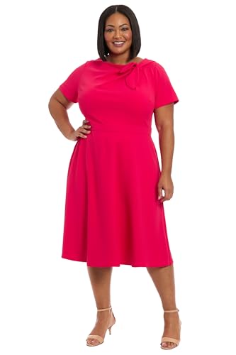 Image of London Times Women's Women's Bow Neckline A-line Midi - Short Sleeve Evening Party Cocktail Dress