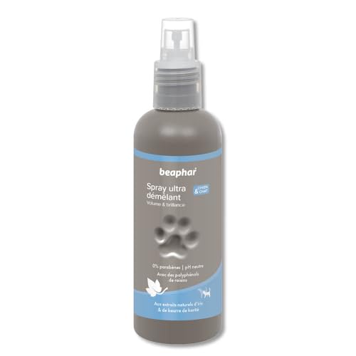 BEAPHAR – Spray Ultra-démêlant Volume & Brillance pour Chien et Chat – Extraits naturels d'Iris, Beurre de Karité et Polyphénols de raisin – Démêle, hydrate, et adoucit le poil – Sans rinçage – 200 ml