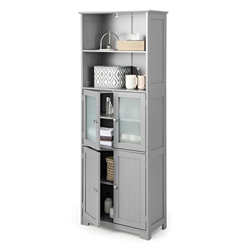 LIFEZEAL Armario Alto, Armario Independiente de Suelo con 4 Puertas, Gabinete con Estantes Ajustables, Mueble Organizador con 2 Puertas de Vidrio Templado para Baño, Cocina, Salón (Gris)