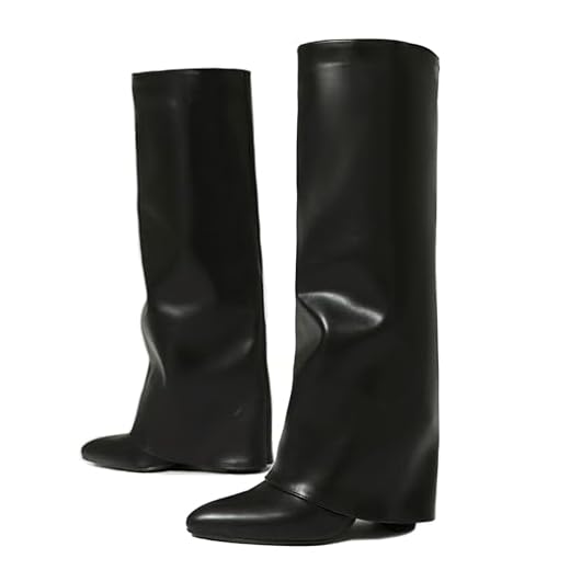 Ceciloroda Fold Over Bottes Knee High pour Femme Talons Chunky Long Boots Wide Calf Dressy Bout Pointu Slouch Boots Black Size 38
