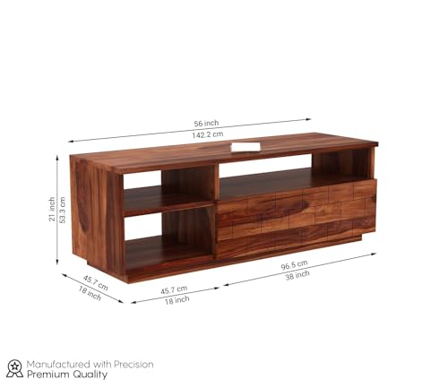 Image of Solid Sheesham Wood TV Unit with 3 Shelves & Drawer Storage - Elegant Wooden TV Unit for Living Room | Fits up to 55-inch TV - Solid Living Room Furniture (Reck, Honey Finish)
