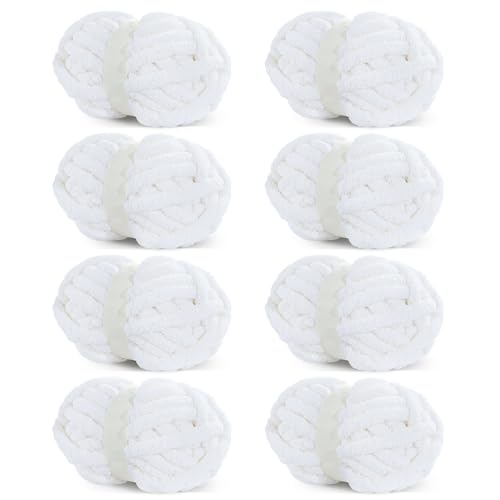 HOMBYS Pure White Chunky Chenille Yarn for Crocheting Bulky Thick Fluffy Yarn for Knitting Super Bulky Chunky Yarn for Hand Knitting Blanket Soft Plush Yarn 8 Jumbo Pack (27 yds 8 oz Each Skein)