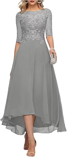 Lace Appliques Mother of The Bride Dress 3/4 Sleeves A line Tea Length Chiffon Formal Wedding Party Prom Gowns for Women Silver