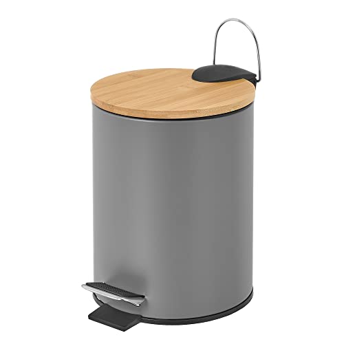 LOLAhome Papelera de baño con pedal de 3L - Cubo de basura para baño con tapa, pedal cierre silencioso y recipiente interior extraíble para baño, aseo y oficina (Blanco y bambú)