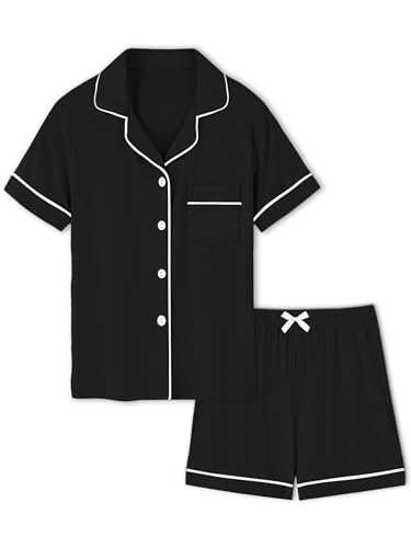 LANKMEI 100% Cotton Womens Short Sleeve Pajama Sets, Black, Large - image 1