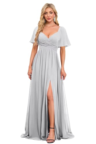 Image of Women's Flutter Sleeves Chiffon Bridesmaid Dresses with Slit Long A Line V-Neck Formal Party Dress with Pockets