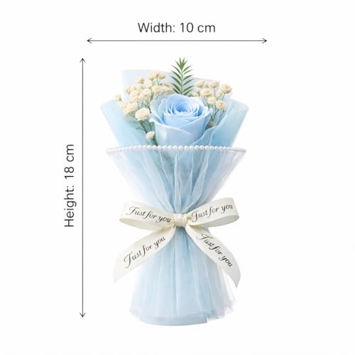 Image of Mini Artificial Rose Bouquet for Gifting, Preserved Flower with Pearl Wrap & inchJust for You inch Ribbon, Small Gift Valentine, Anniversary, for Mom, Proposal, Home Decor (Blue)