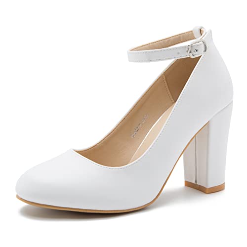 Women's Ankle Strap Pumps Closed Toe Block High Heel Round Toe Mary Jane Shoes