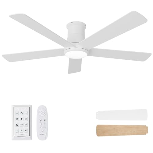 Autoday 52 Inch Low Profile Ceiling Fan with Light, White Ceiling Fans with Lights and Remote, Flush Mount, 6 Speeds Reversible Quiet DC, 3CCT Dimmable, Indoor Outdoor Ceiling Fans for Patios Bedroom
