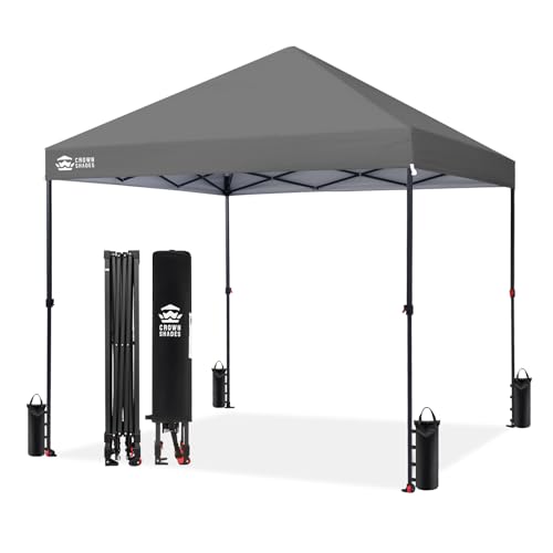Image of CROWN SHADES 8x8 Pop Up Canopy - Patented Center Lock One Push Instant Outdoor Canopy Beach Tent with STO-N-Go Bag 8 Stakes & 4 Sand Bags,Grid Grey